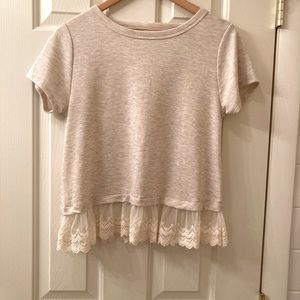 Francesca’s Beige Top with Open Back and Lace Trim